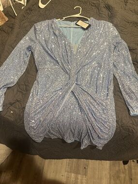 Light Blue Sequin Twist Front Evening Top